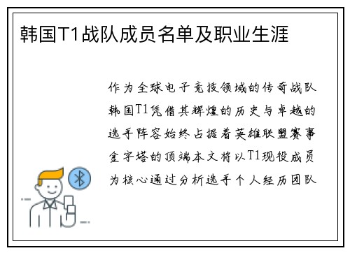 韩国T1战队成员名单及职业生涯