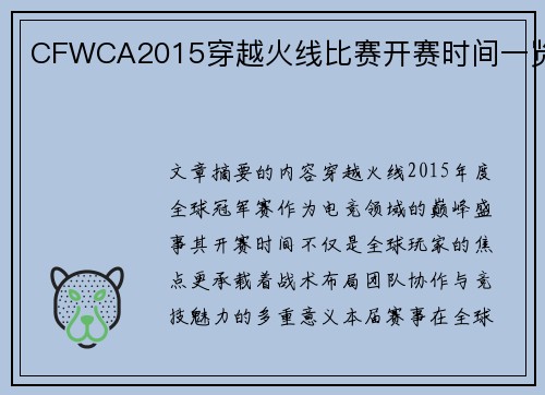 CFWCA2015穿越火线比赛开赛时间一览