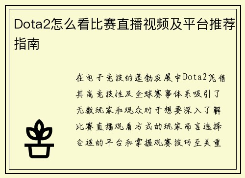 Dota2怎么看比赛直播视频及平台推荐指南